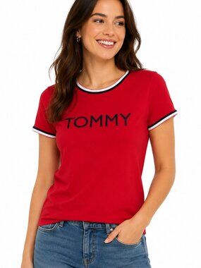 Tommy Hilfiger Women's XL Red Logo Ringer T-Shirt | Embroidered Tommy Graphic